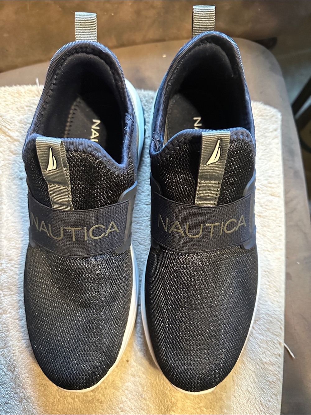 Nautica Men’s Slip-On Knit Sneakers in Navy and White